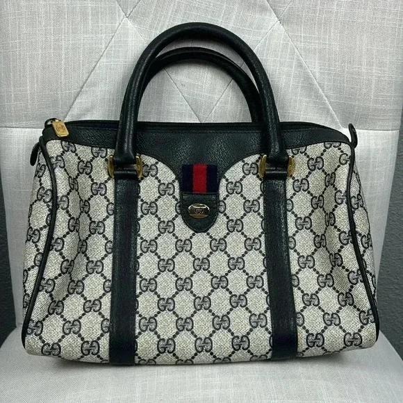 Vintage Gucci Boston Hand Bag Satchel Purse Monogram Navy Canvas Leather - Picture 1 of 16